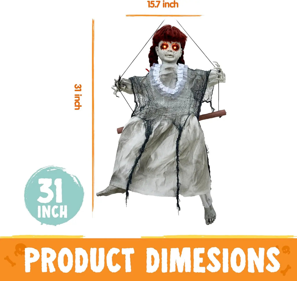 Hanging Scary Swing Girl Halloween Decorations Outdoor Swinging White Doll with Creepy Sound and Light Up Eyes