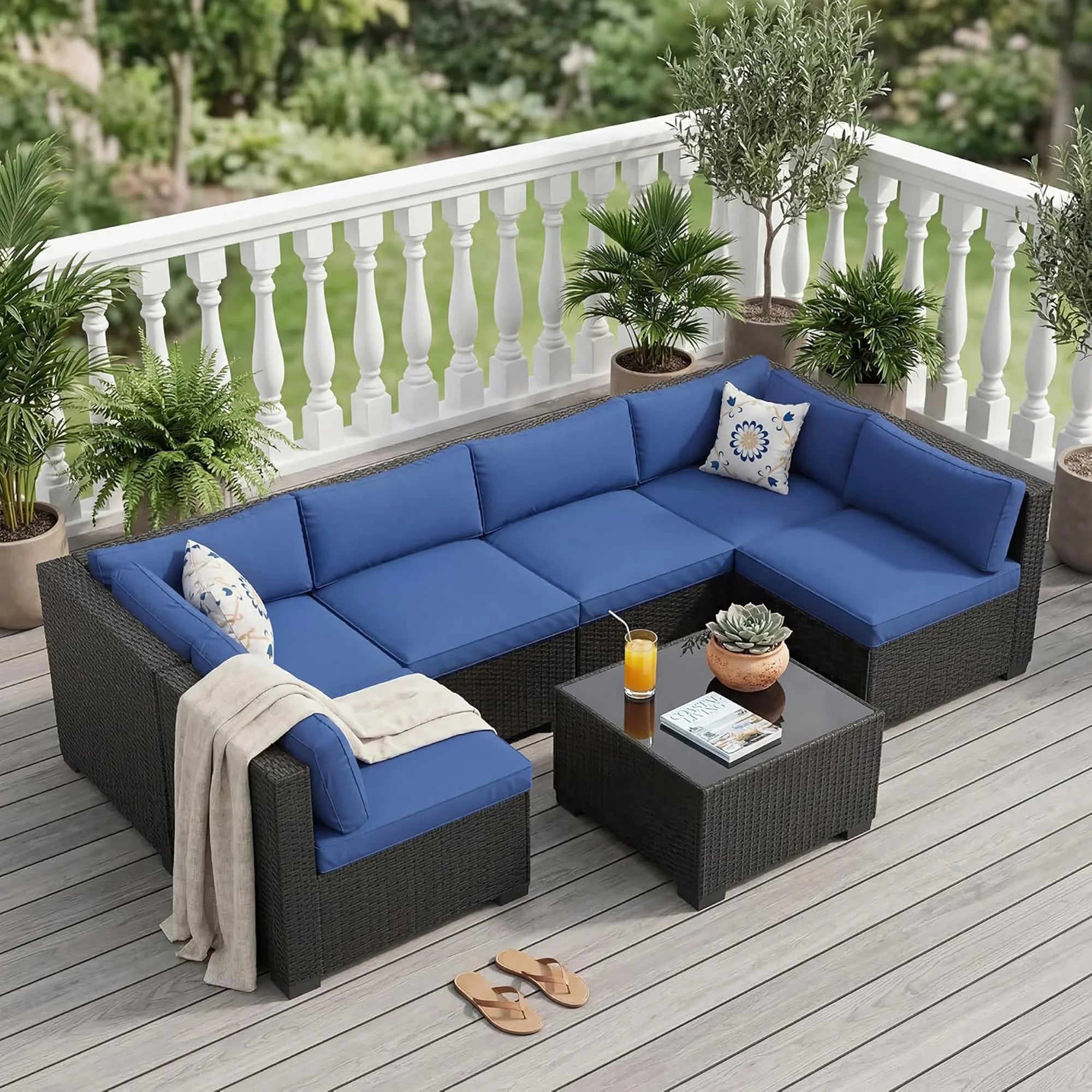 7-Piece Outdoor Patio Furniture Sectional Sofa Set With Ottoman & Storage Table Conversation Set Poolside Backyard