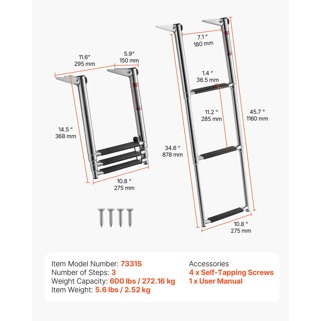 3/4 Steps Boat Ladder Stainless Steel 600/900 lbs Telescoping Folding Swim Deck
