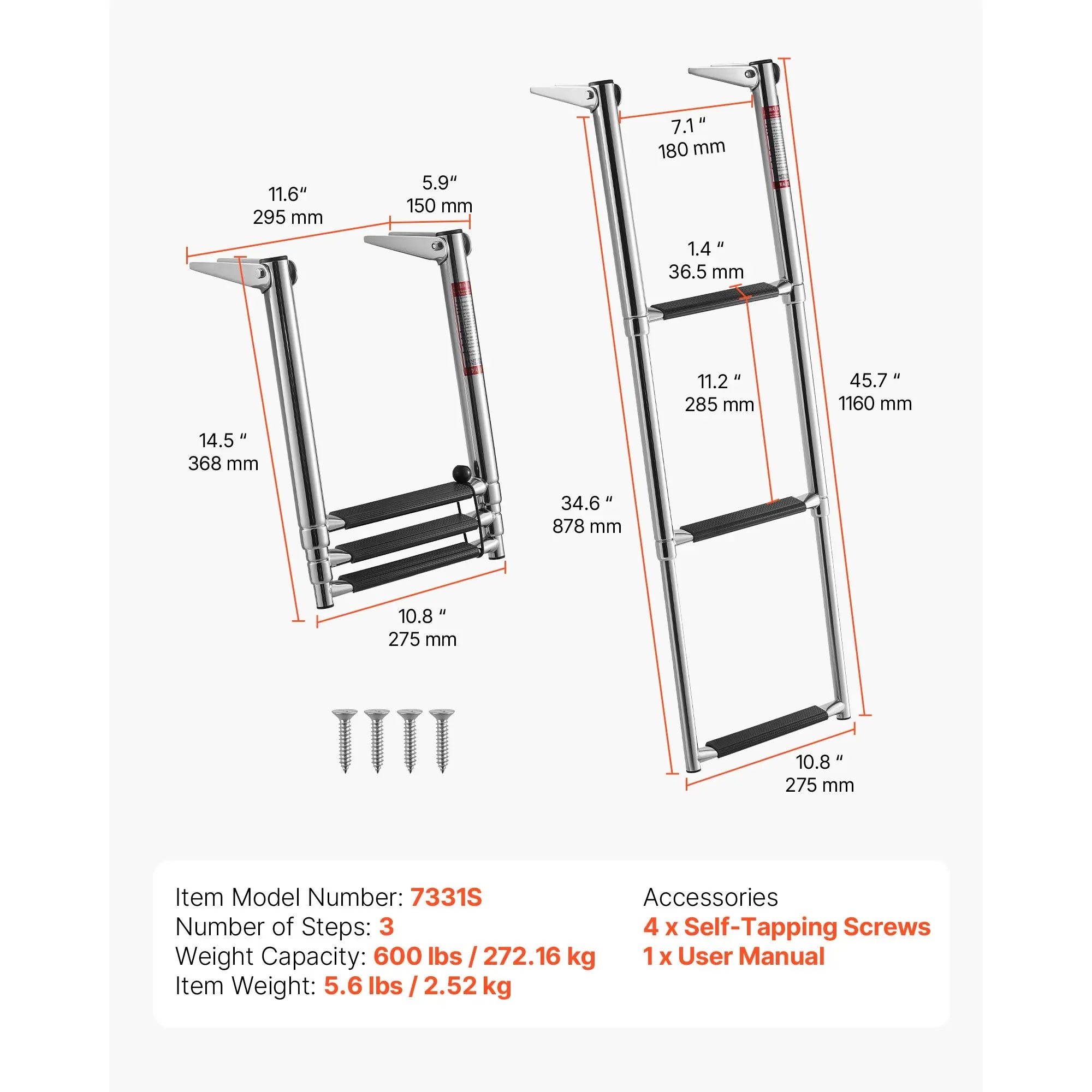 3/4 Steps Boat Ladder Stainless Steel 600/900 lbs Telescoping Folding Swim Deck