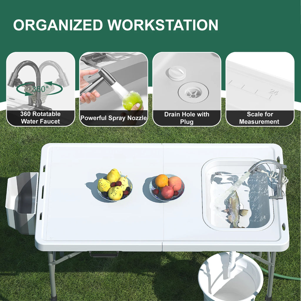 49.8"Folding Fish Cleaning Table with Sink, Portable Camping Sink Station with Faucet, Sprayer, Gloves & Storage Bin, Outdoor Fillet Table for Picnic Beach Patio