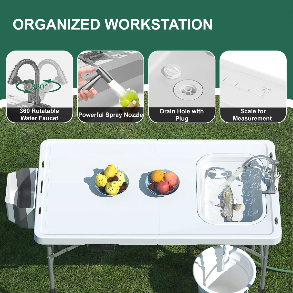 49.8"Folding Fish Cleaning Table with Sink, Portable Camping Sink Station with Faucet, Sprayer, Gloves & Storage Bin, Outdoor Fillet Table for Picnic Beach Patio