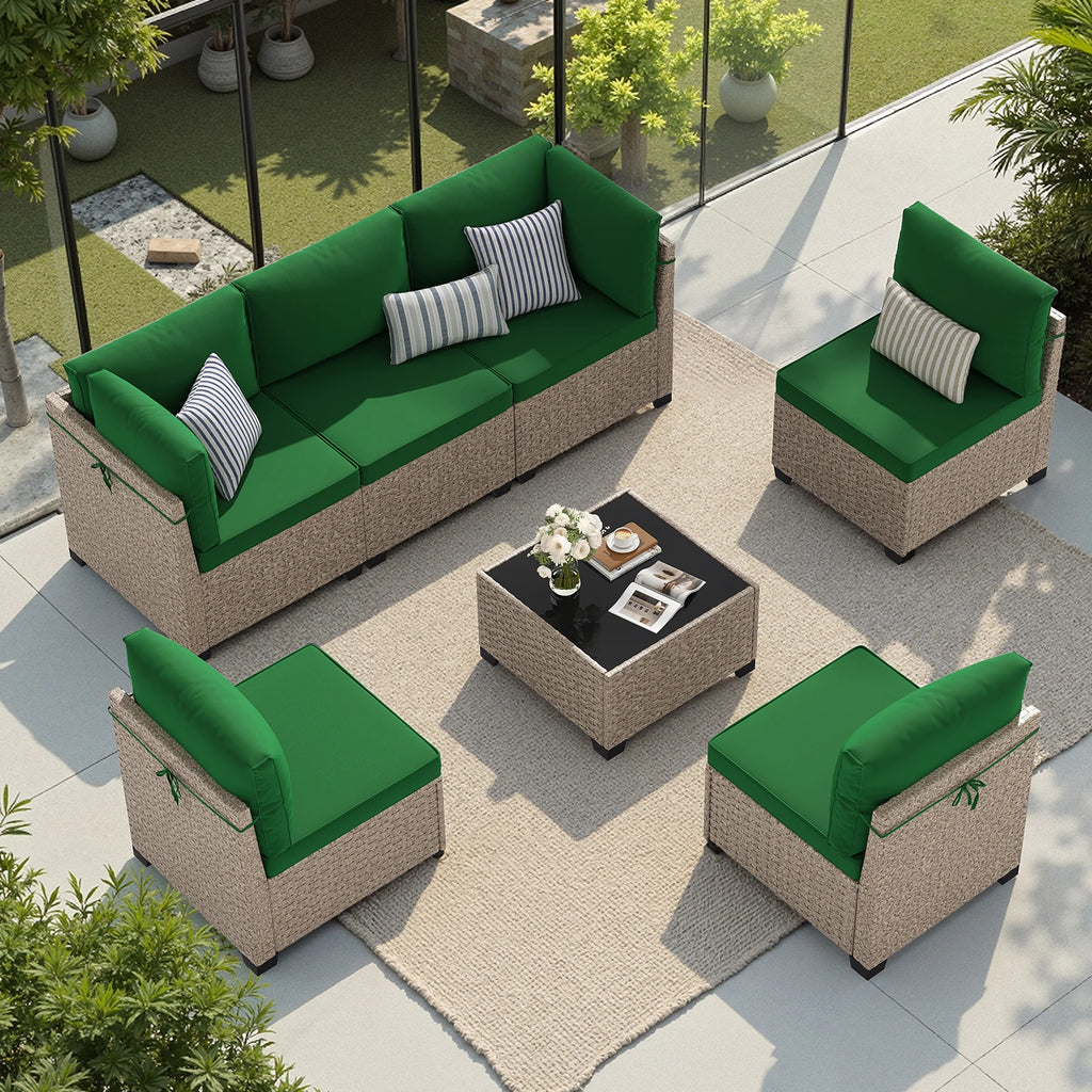 7-Piece Patio Furniture Set, Outdoor Rattan Sectional Sofa with Tempered Glass Table, All-Weather