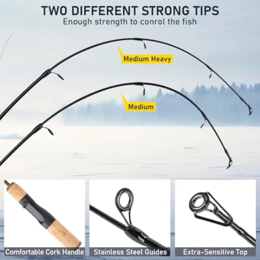 Portable Ice Fishing Rod and Reel Combo 28'' Set with Inline Reels Lures Ice Cleats Carrier Bag Folding Stool