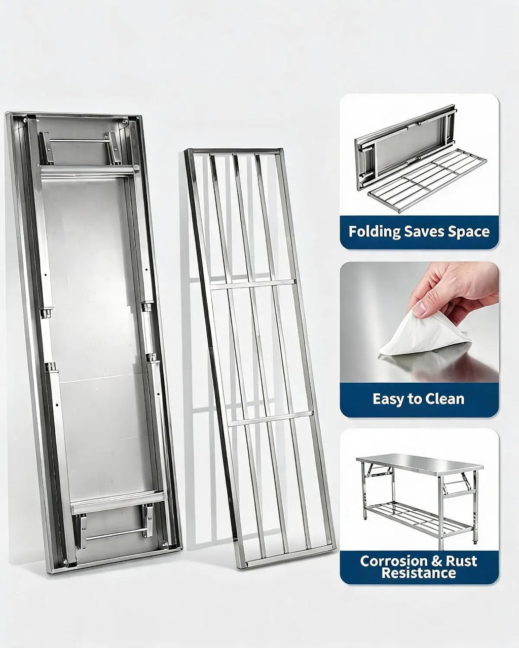 Stainless Steel Folding Prep Table with Undershelf for Home 700 lbs heavy load foldable portable design anti-slip adjustable legs