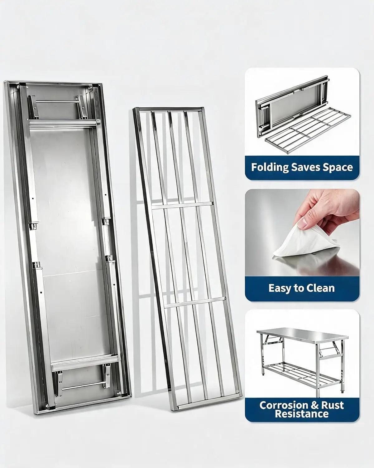 Stainless Steel Folding Prep Table with Undershelf for Home 700 lbs heavy load foldable portable design anti-slip adjustable legs