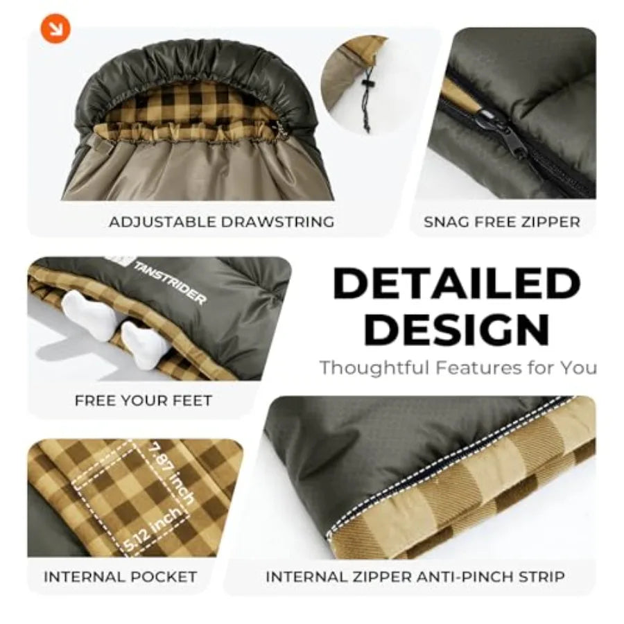 Cotton Flannel XXL Cold Weather Sleeping Bags for Adults Big and Tall, 90x39 Inch 4 Season Camping