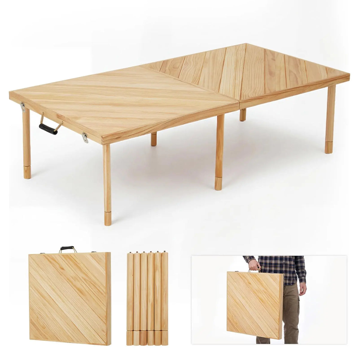 44/60in Solid Wood Folding Picnic Table, Adjustable Height Portable Low Table With Carry Handle, Compact Outdoor Camping