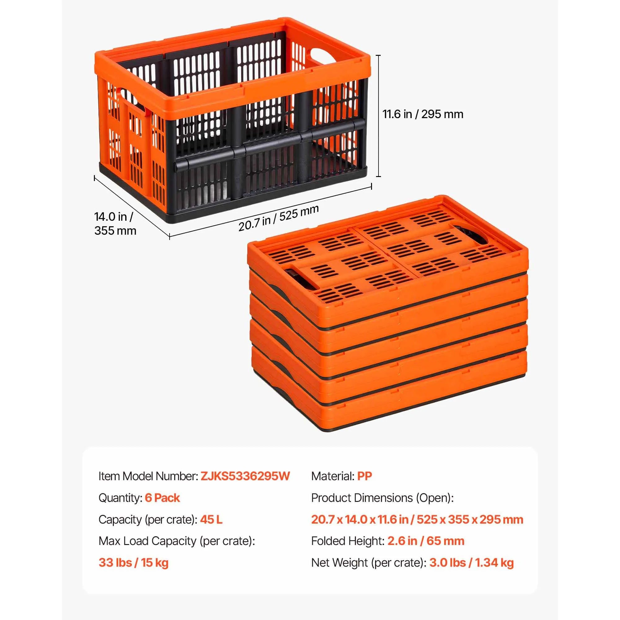45L 3/6 Pack Plastic Collapsible/Folding Storage Basket with Handles Stackable