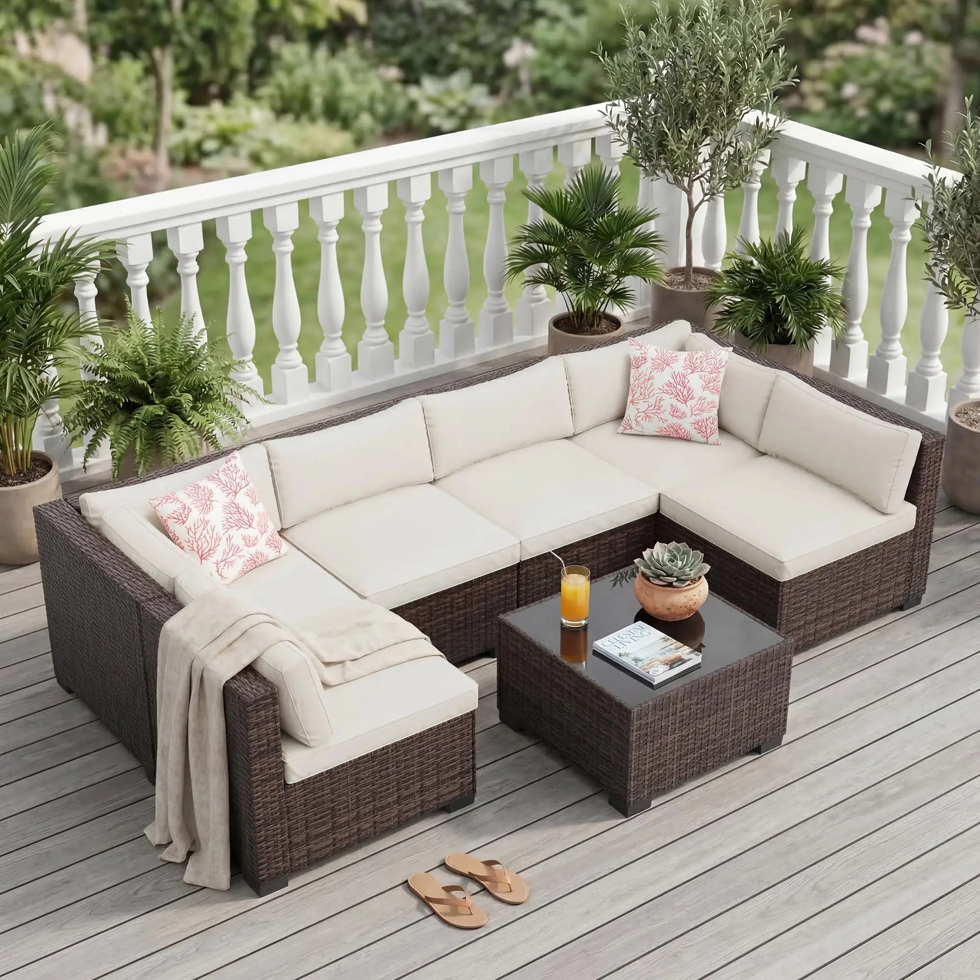 7-Piece Outdoor Patio Furniture Sectional Sofa Set With Ottoman & Storage Table Conversation Set Poolside Backyard