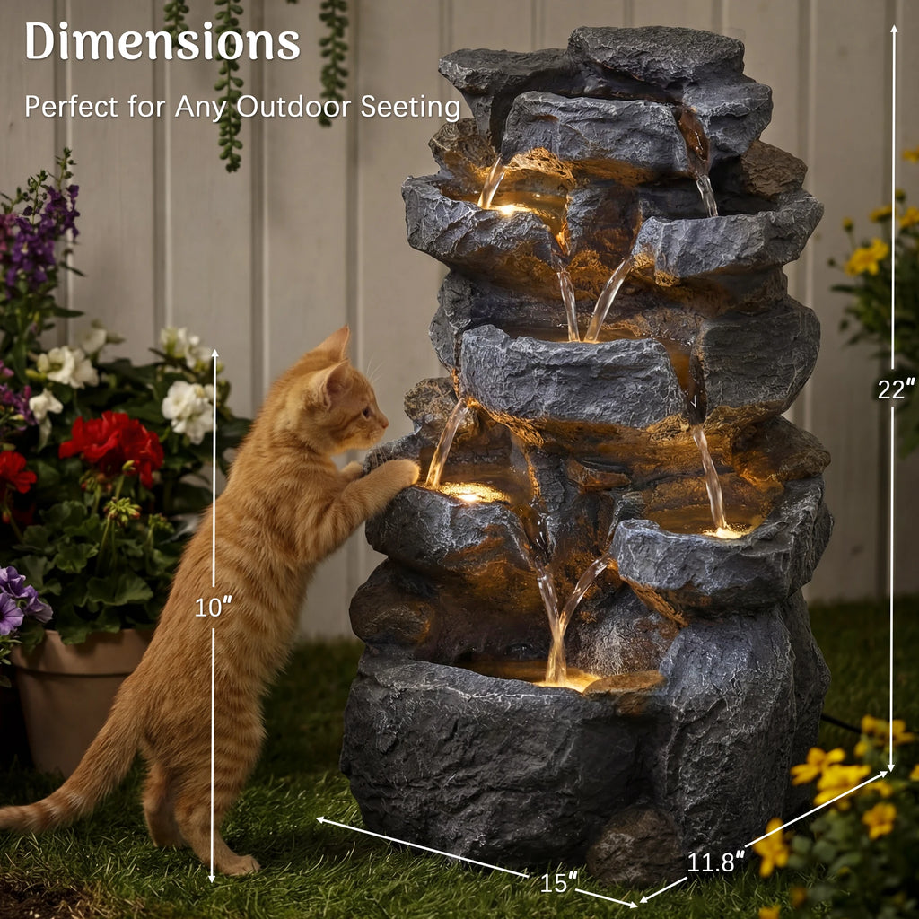 5-Tier Cascading Rock Water Fountain with LED Lights & Adjustable Water Flow, Waterfall Feature for Patio, Backyard