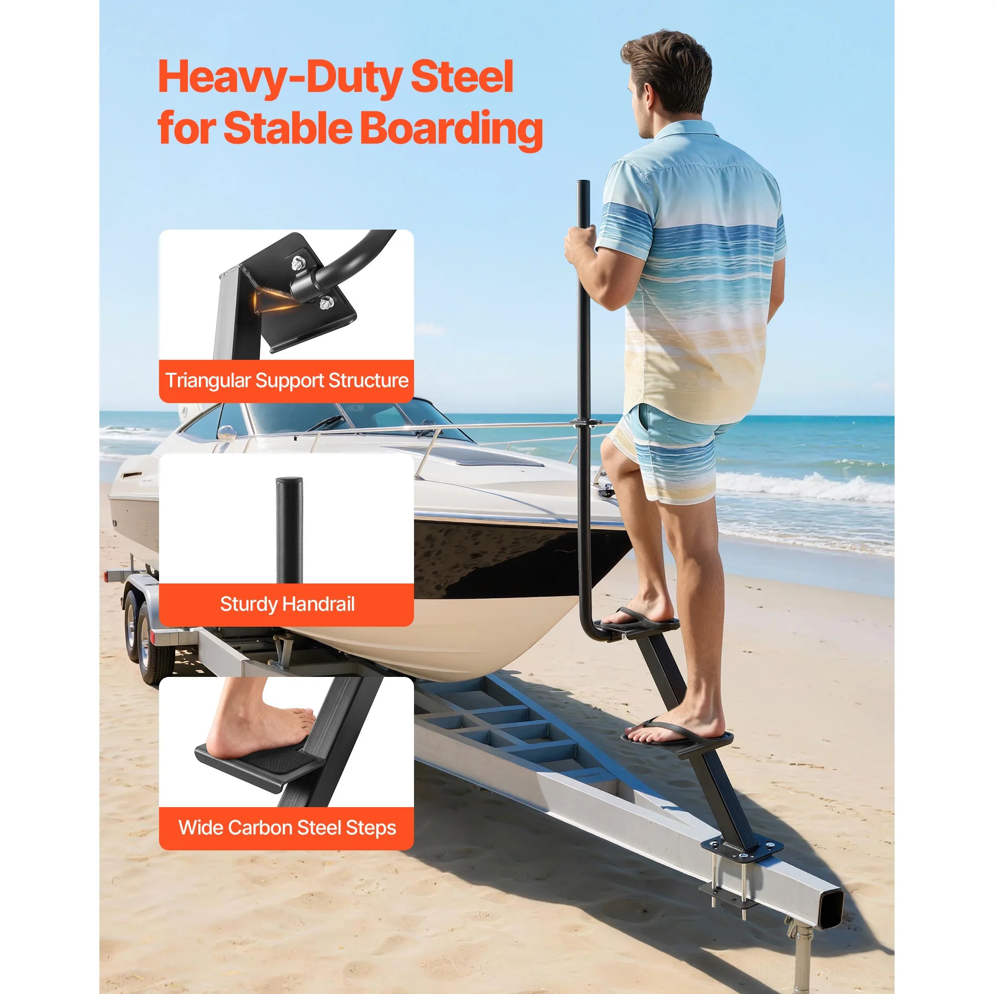 Boat Trailer Steps 2-Step/3-Step/4-Step with Non-Slip Surface 3 Mounting Angle Options