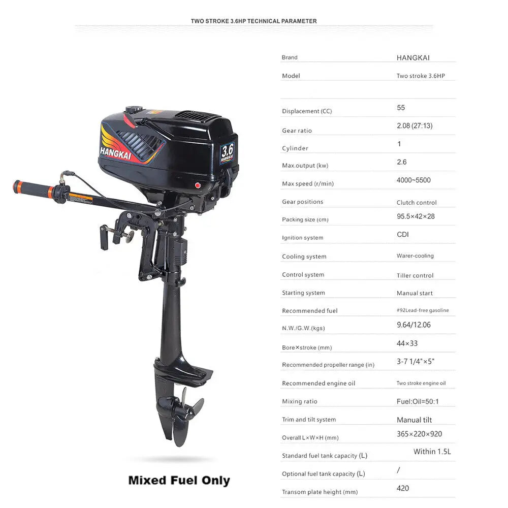 3.6HP 2 Stroke Heavy Duty Outboard Motor Boat Motor  Water Cooling System Short Shaft