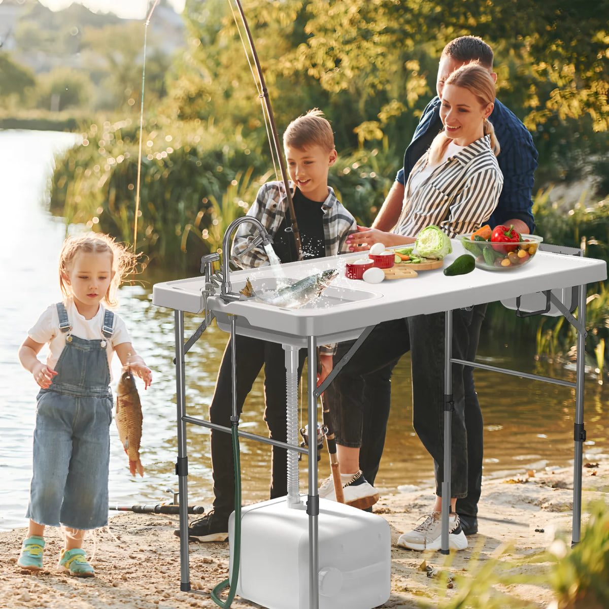 49.8"Folding Fish Cleaning Table with Sink, Portable Camping Sink Station with Faucet, Sprayer, Gloves & Storage Bin, Outdoor Fillet Table for Picnic Beach Patio