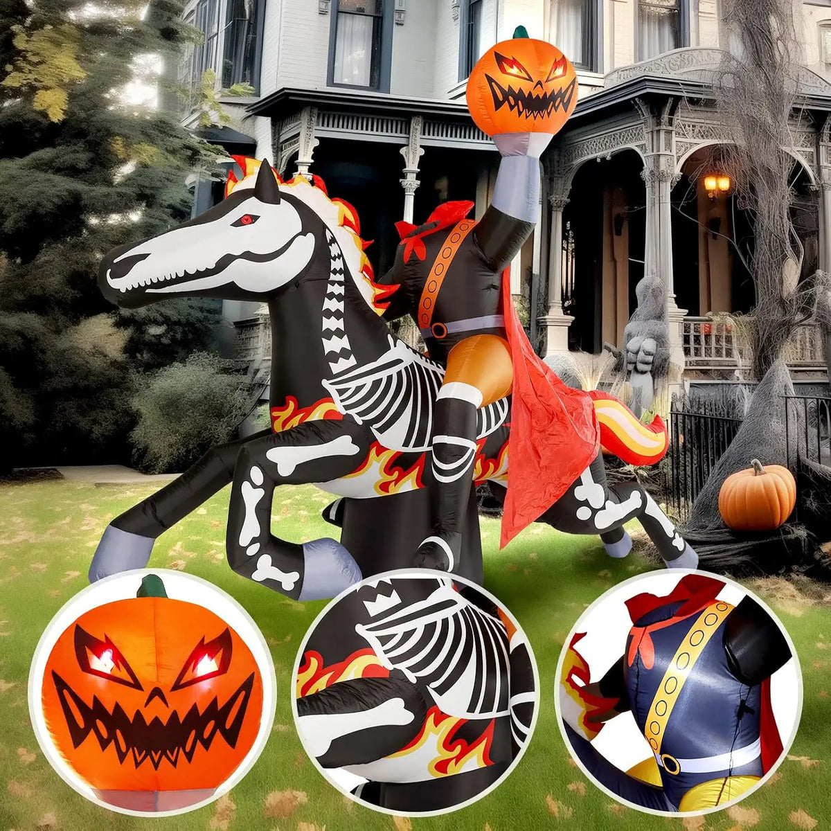 9-Foot Halloween Headless Horseman Inflatable Outdoor Decoration, Day of the Dead Blow-Up Yard Display with Built-In LED