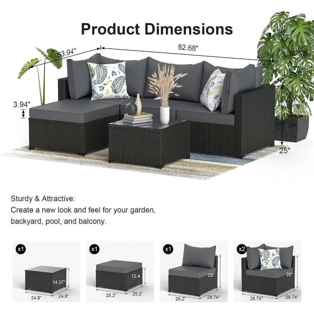 Patio Furniture Set, 5PCS Outdoor Sectional with Ottoman Wicker Rattan Patio