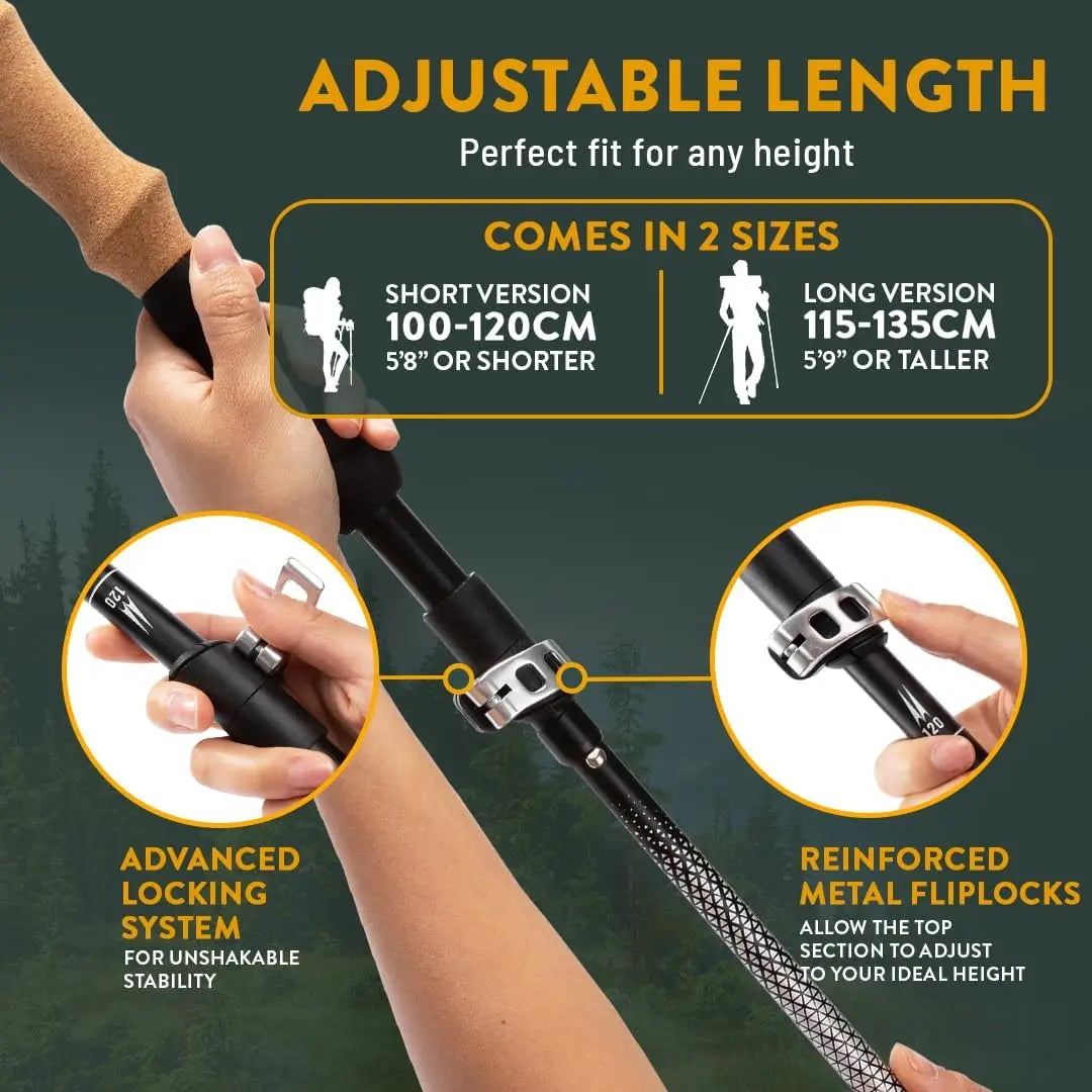 Foldable Adjustable Trekking Poles Aircraft Grade Aluminum Shaft With Metal Lock System Cork & EVA Hybrid Grips For Mountaineering Backpacking