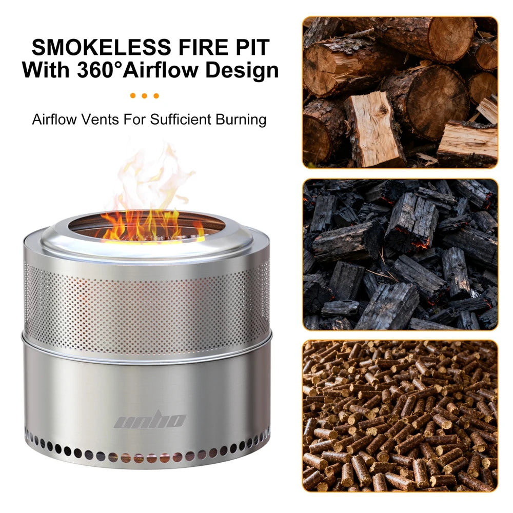 19-inch Smokeless Fire Pit, Used for Outdoor Wood Burning, Portable 304 Stainless Steel Camping Stove