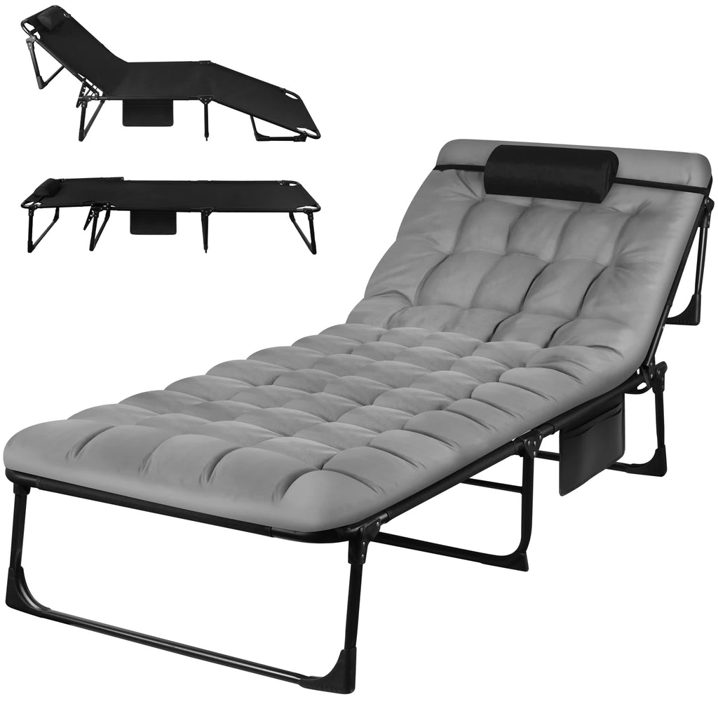 Portable Folding Camping Cot - 3-Position Adjustable Reclining Lounge Chair with Pillow