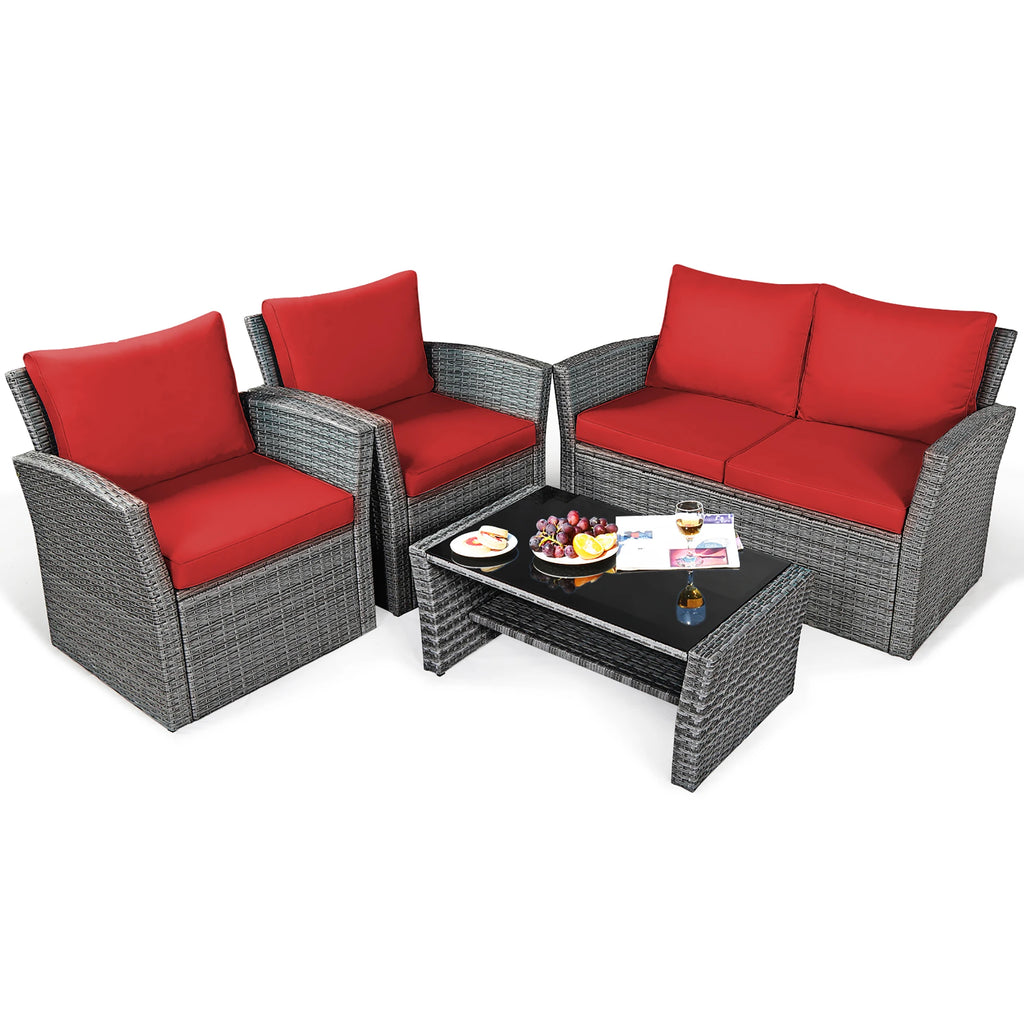4PCS Patio Rattan Furniture Set Sofa Table Red Cushion