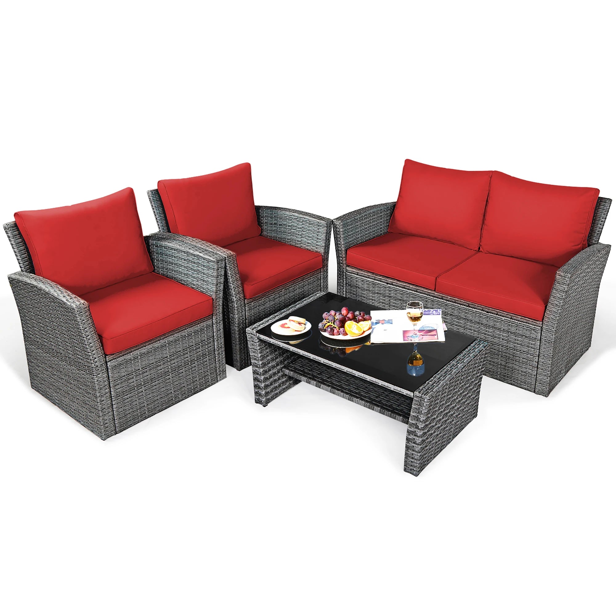 4PCS Patio Rattan Furniture Set Sofa Table Red Cushion