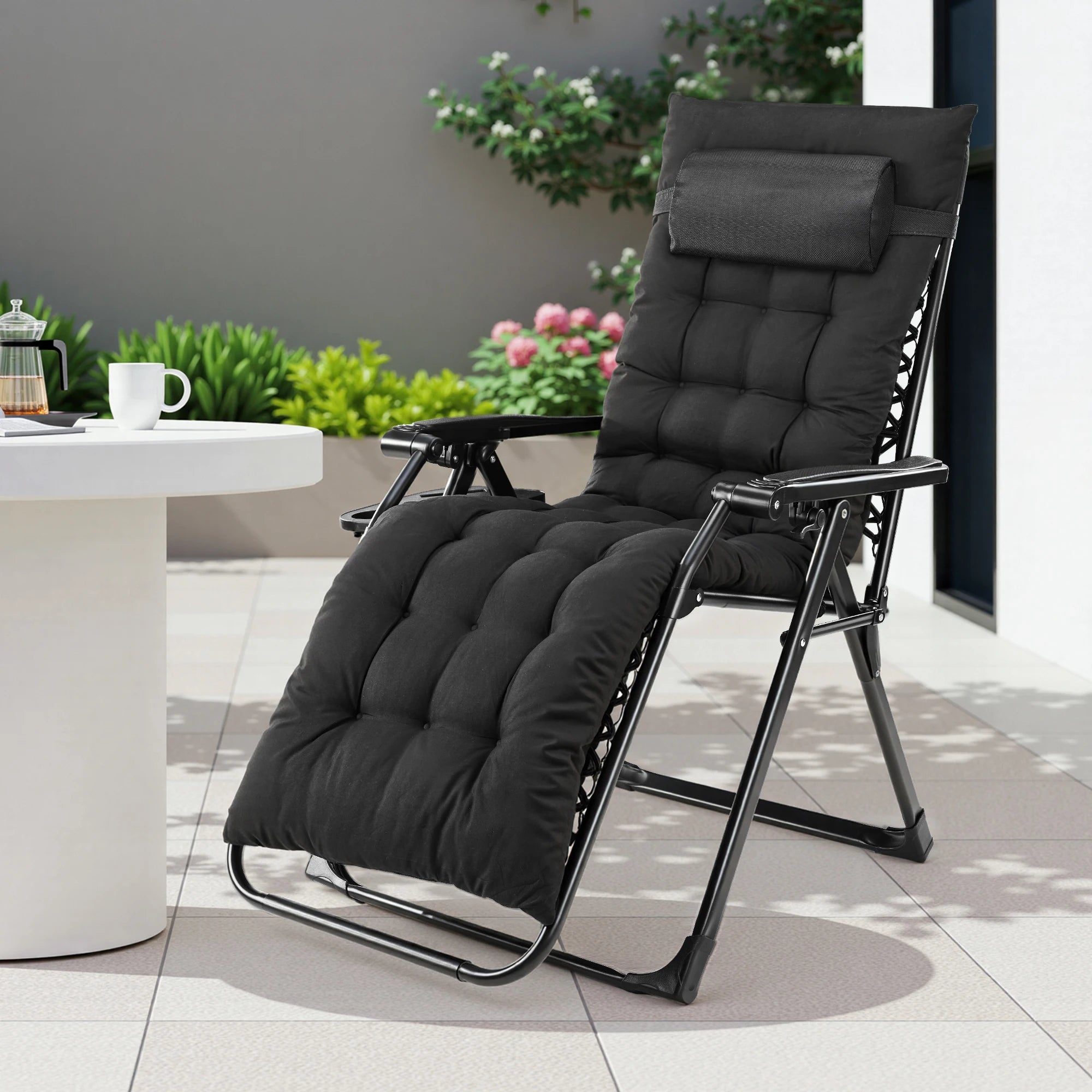 Zero Gravity Recliner Camping Patio Lounge Chair Folding Portable with Cup Holder Trays Removable Cushion