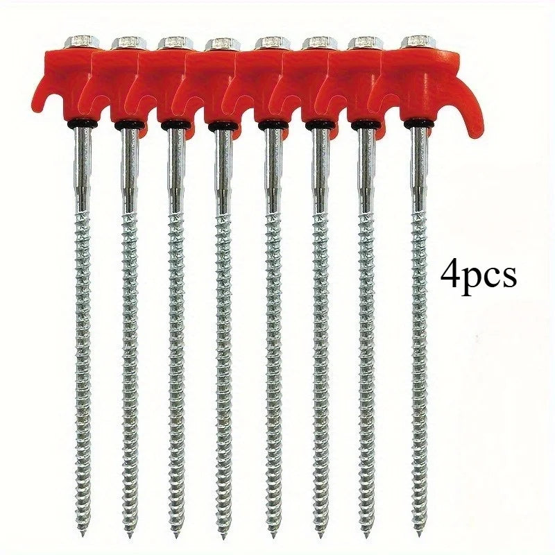 Heavy-Duty 4pcs Iron Hexagonal Threaded Tent Stakes - Red Plastic Handle & Metal Screws - Camping, and Outdoor Gear Accessories