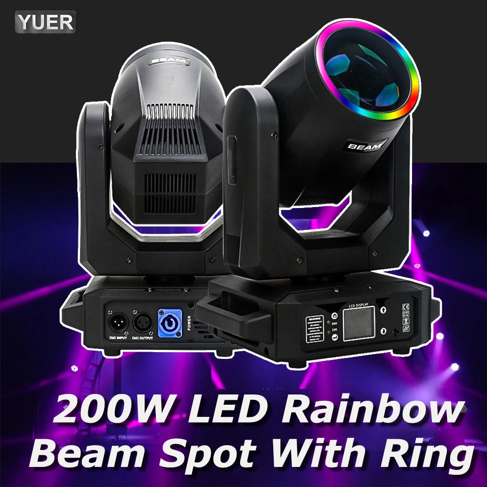 200W LED Moving Head Light With Ring Beam Rotating Rainbow 8 Color Effect Disco