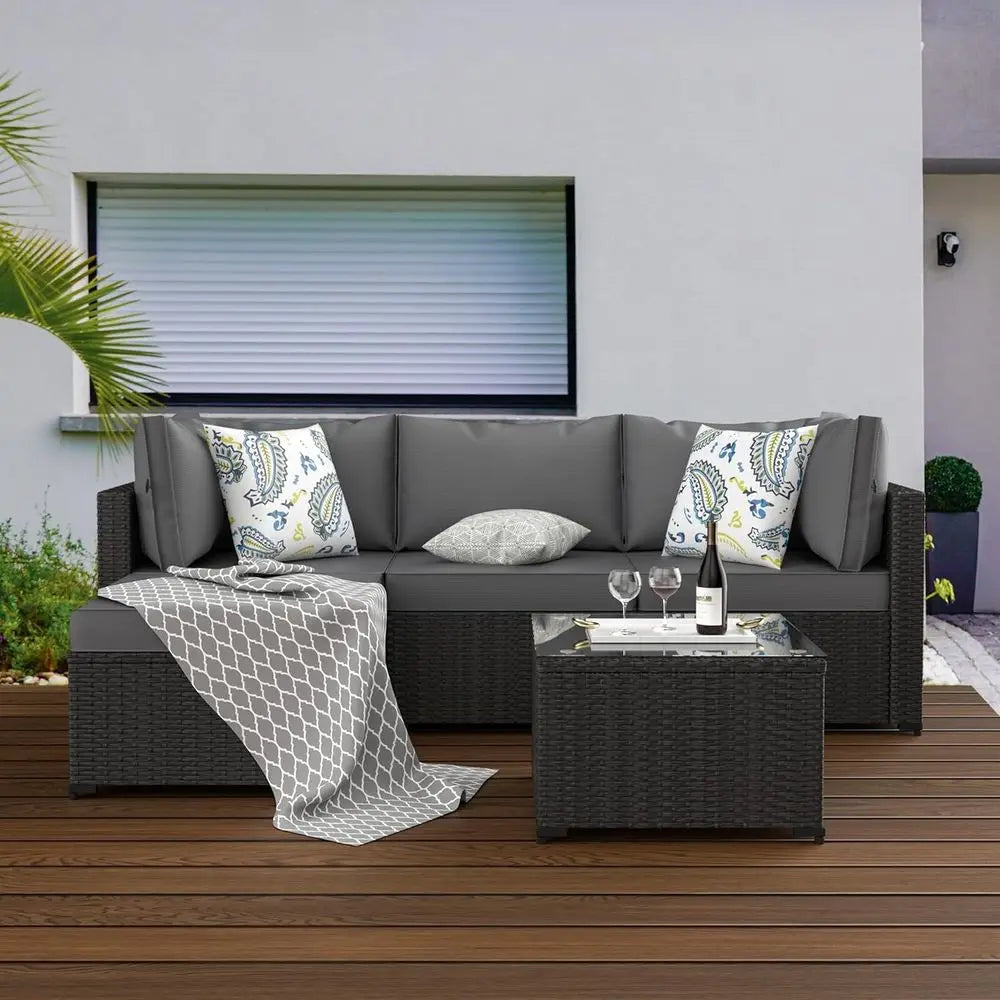 Patio Furniture Set, 5PCS Outdoor Sectional with Ottoman Wicker Rattan Patio