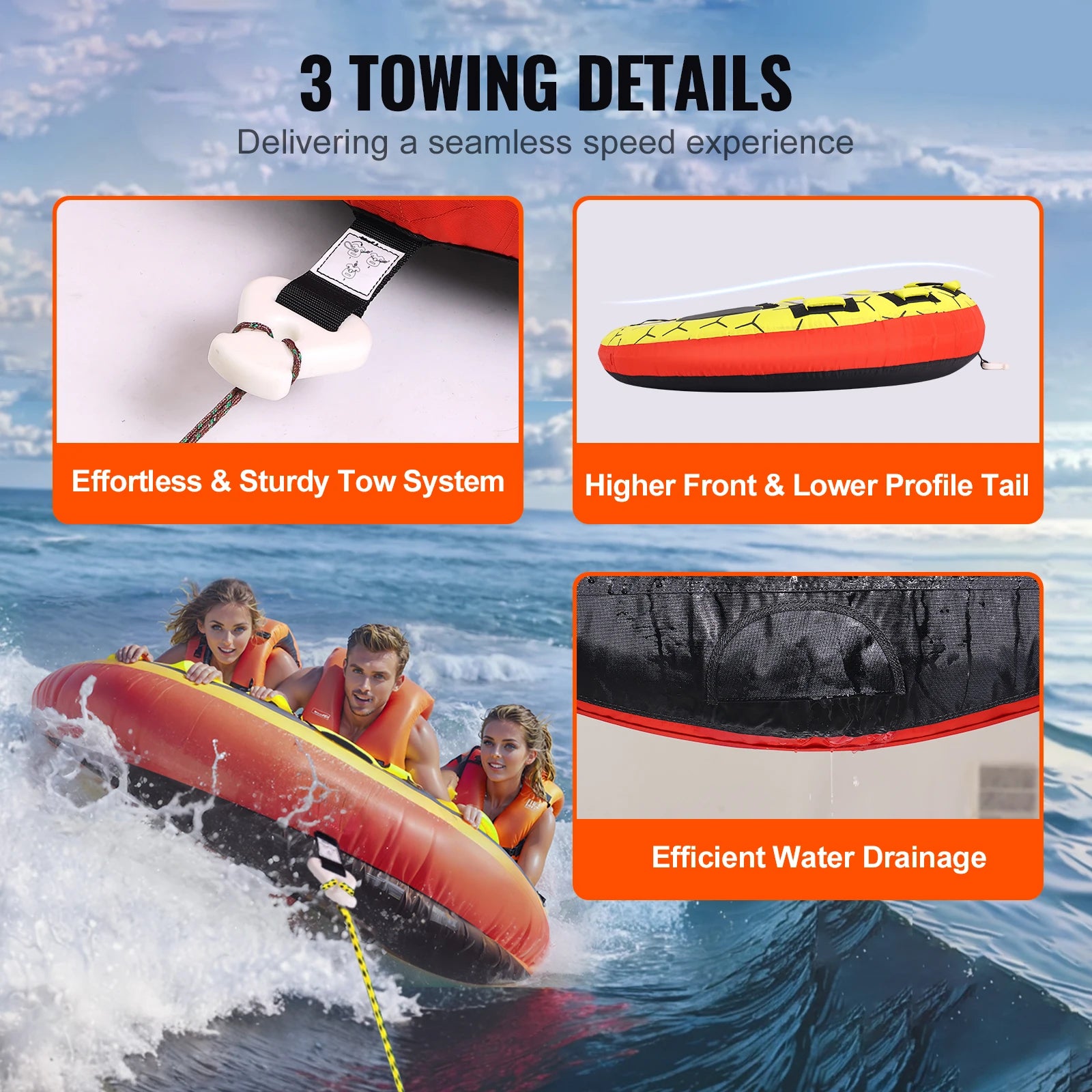 Towable Tube for Boating 1-3 People Inflatable Boat 63" Round Water Sport Towable Tube for Boat