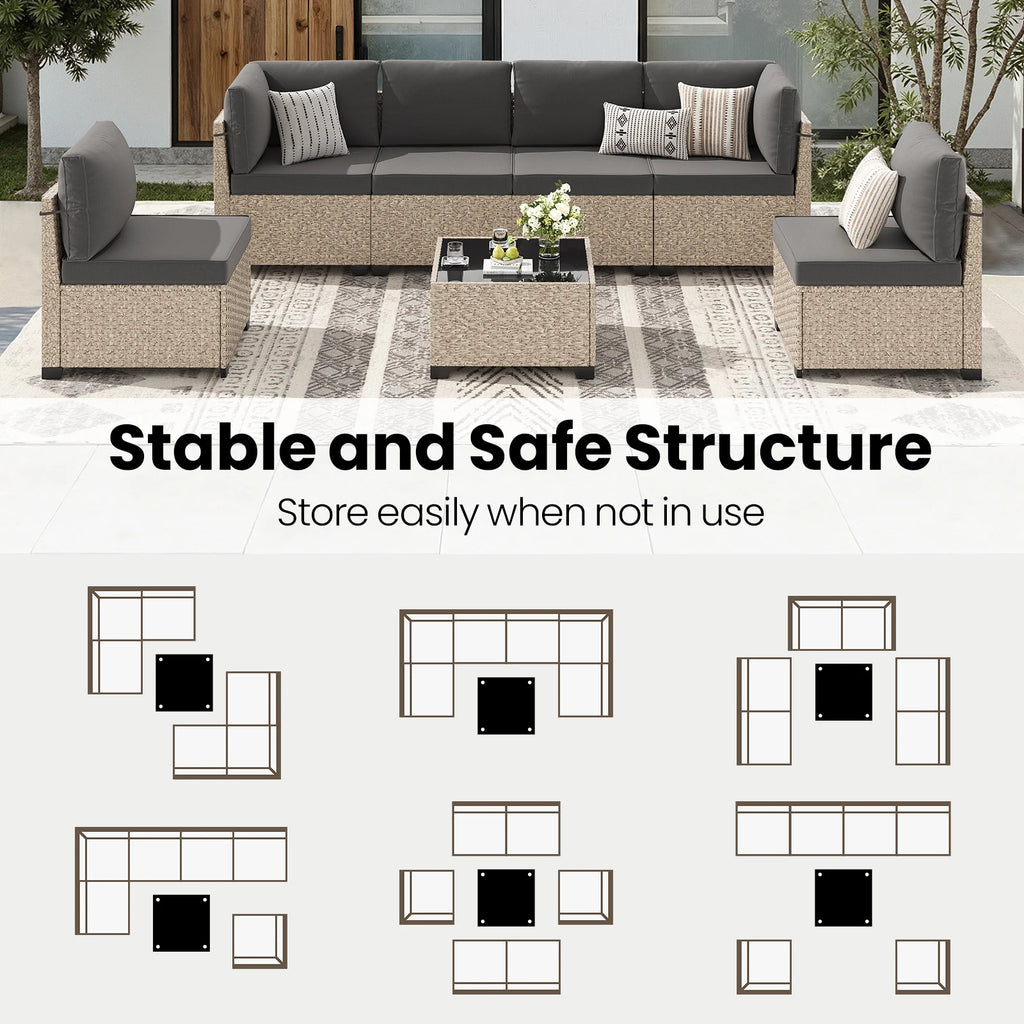 7-Piece Patio Furniture Set, Outdoor Rattan Sectional Sofa with Tempered Glass Table, All-Weather