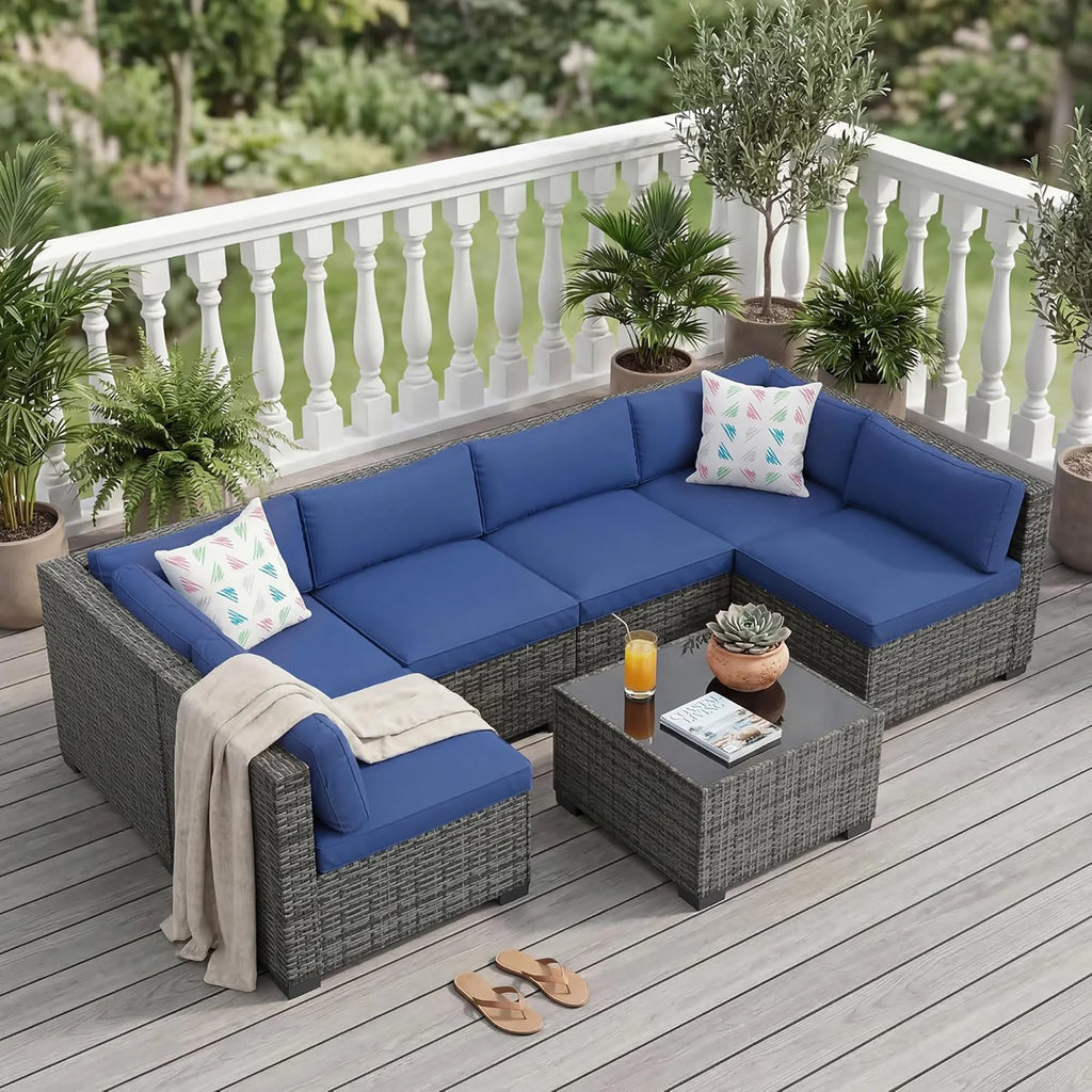 7-Piece Outdoor Patio Furniture Sectional Sofa Set With Ottoman & Storage Table Conversation Set Poolside Backyard