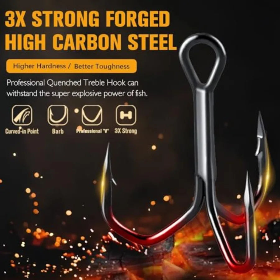 Fishing Treble Hooks, 3X Strong Forged Replacement Hooks for Lures 3-Sided Points, High-Carbon Steel