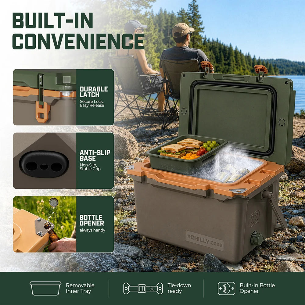 Khaki Grey Ultra Light Hard Cooler, 22QT Refrigerator 7-Day Cooling Leak Proof and Heavy-duty With All Terrain Wheels