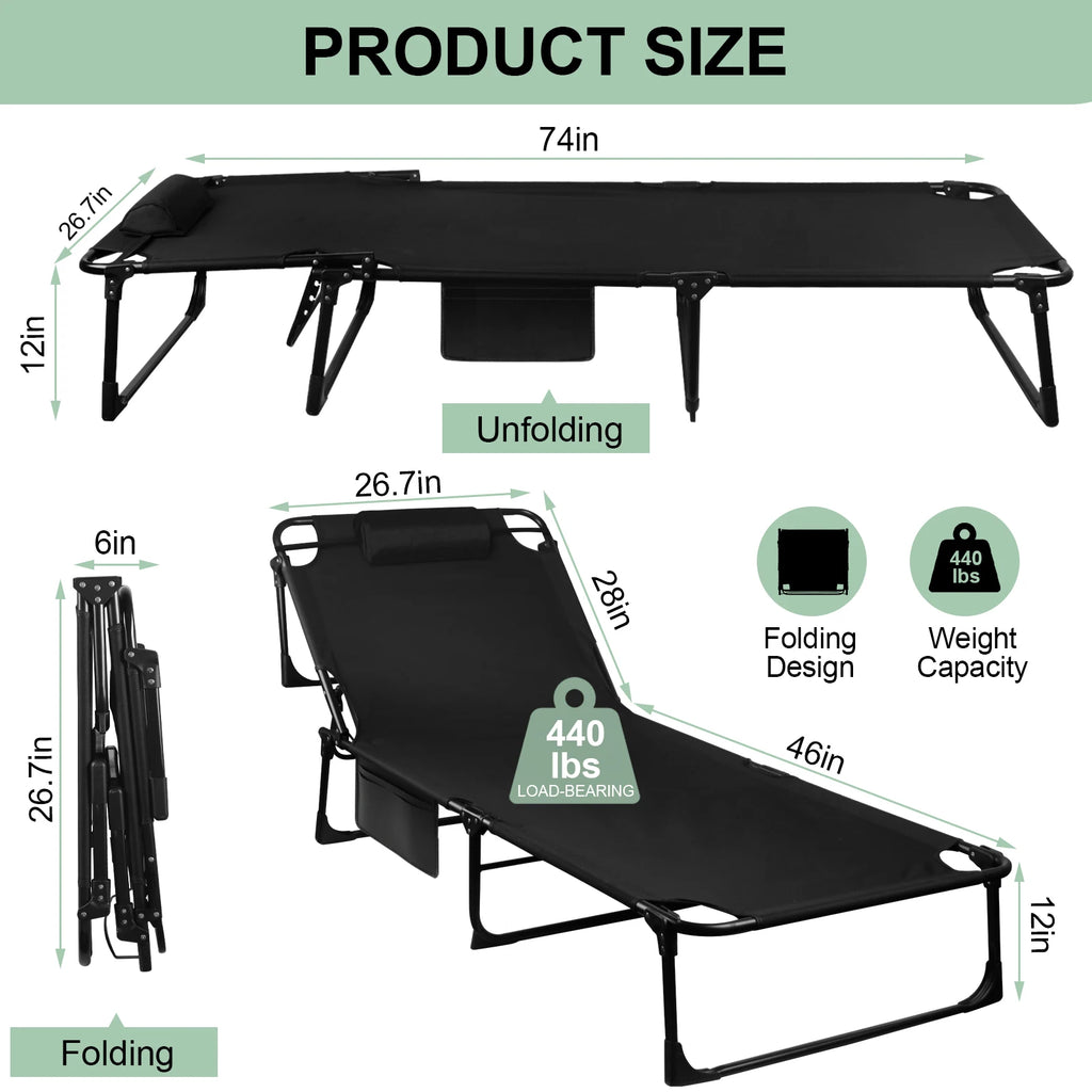 Portable Folding Camping Cot - 3-Position Adjustable Reclining Lounge Chair with Pillow
