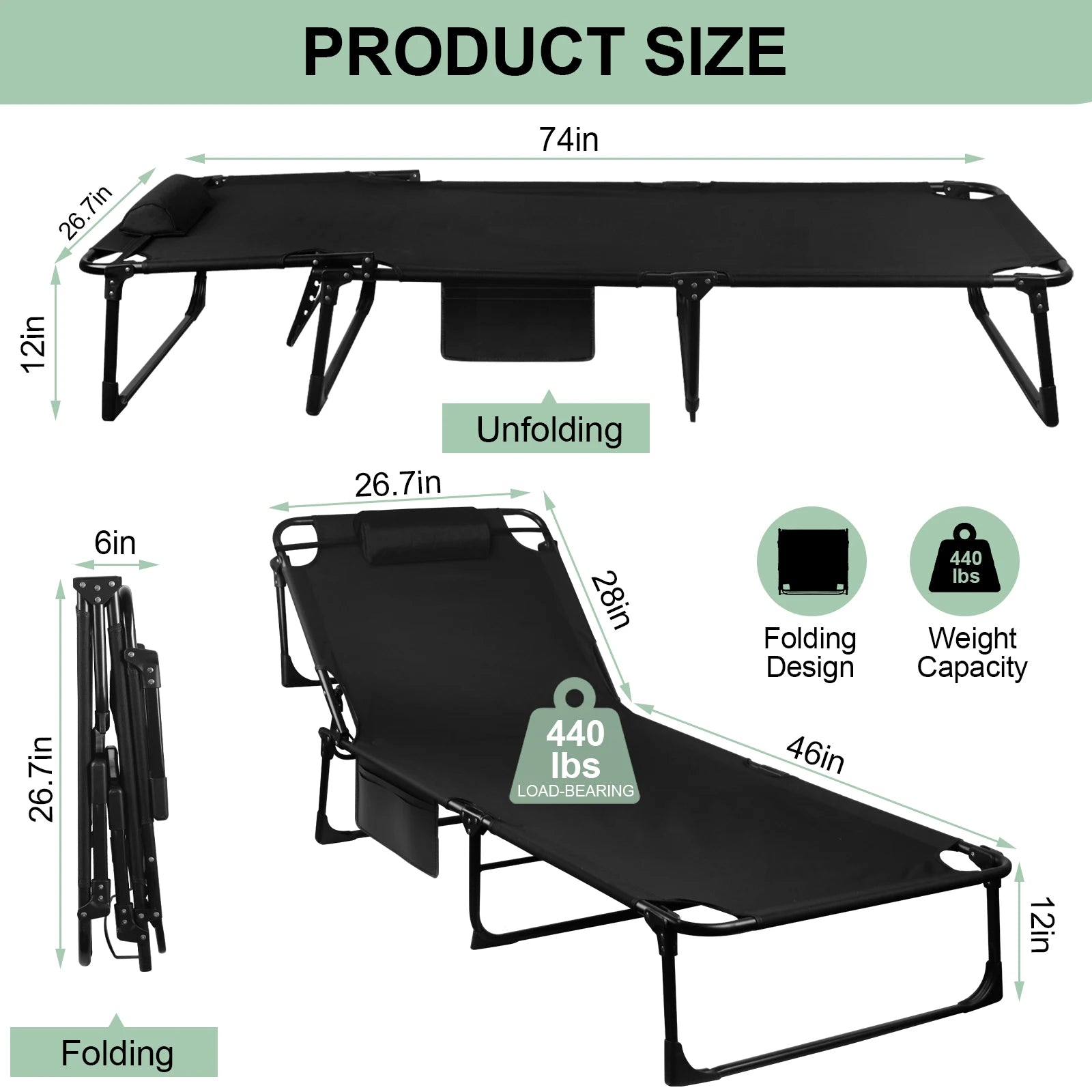 Portable Folding Camping Cot - 3-Position Adjustable Reclining Lounge Chair with Pillow