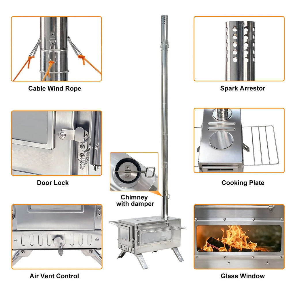 Portable Camping Tent Wood Stove for Outdoor Heating Stainless Steel Stove with 7 Chimney Pipes