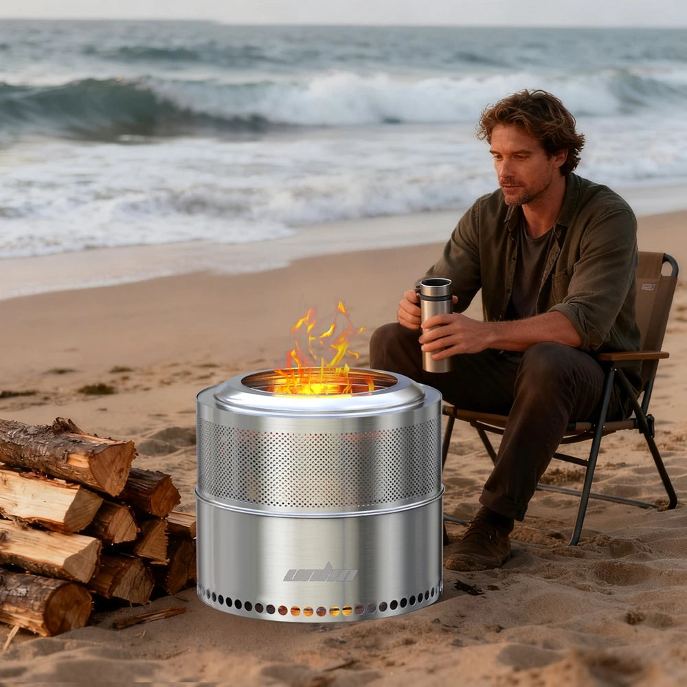 19-inch Smokeless Fire Pit, Used for Outdoor Wood Burning, Portable 304 Stainless Steel Camping Stove