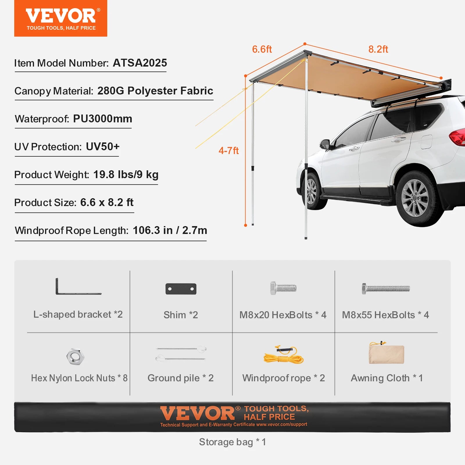 Vehicle Awning  Retractable Car Side Awning Suitable for Truck SUV Van