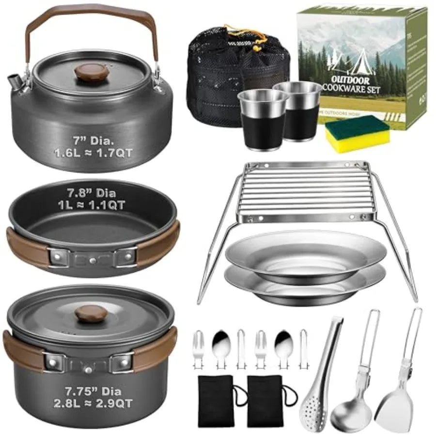 18Pcs Camping Cookware Mess Kit, 7.8" Nonstick Camp Cooking Utensil Set Pot, Pan, Kettle, Grill Grate, Outdoor Gear