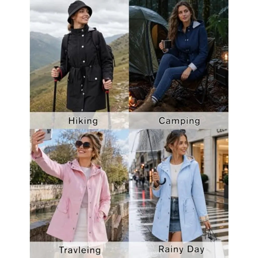 Rain Coats for Women Waterproof Rain Jacket Lightweight Windbreaker Outdoor Hooded Trench Coat