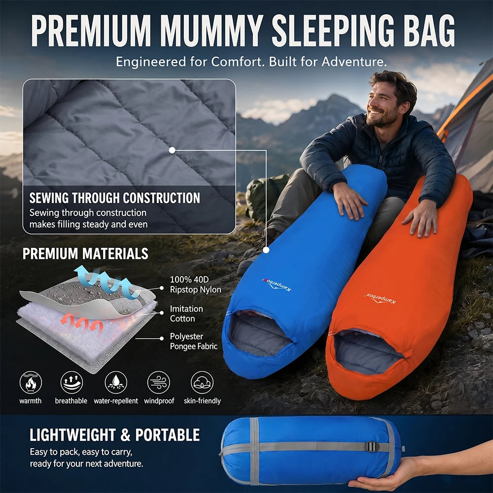 Sleeping Bag 40D Ripstop Nylon Shell Synthetic Fiber Fill Lightweight Portable Camping for Adults