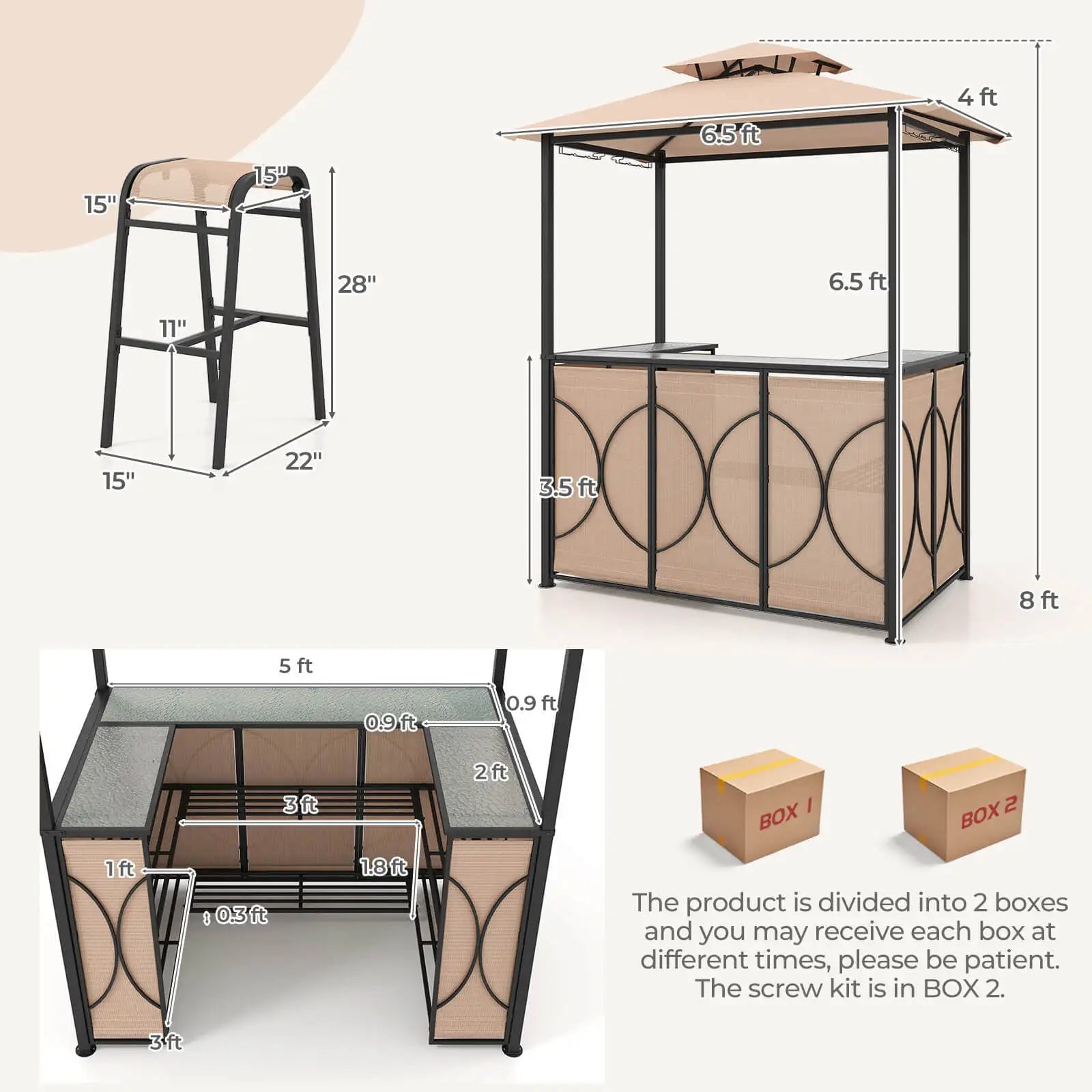 3 PCS Patio Bar Set with Tempered Glass Bar Table Metal Storage Shelves