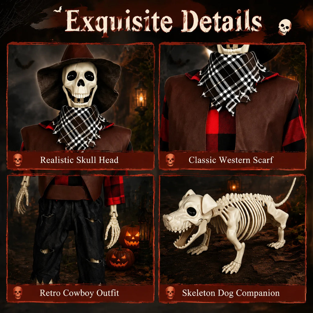 36" Halloween Skeleton Decorations, Posable Skeleton & Dog Outdoor Decor Creepy Halloween Farmer/Cowboy Themed Set