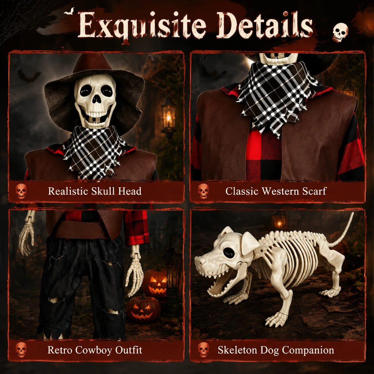 36" Halloween Skeleton Decorations, Posable Skeleton & Dog Outdoor Decor Creepy Halloween Farmer/Cowboy Themed Set