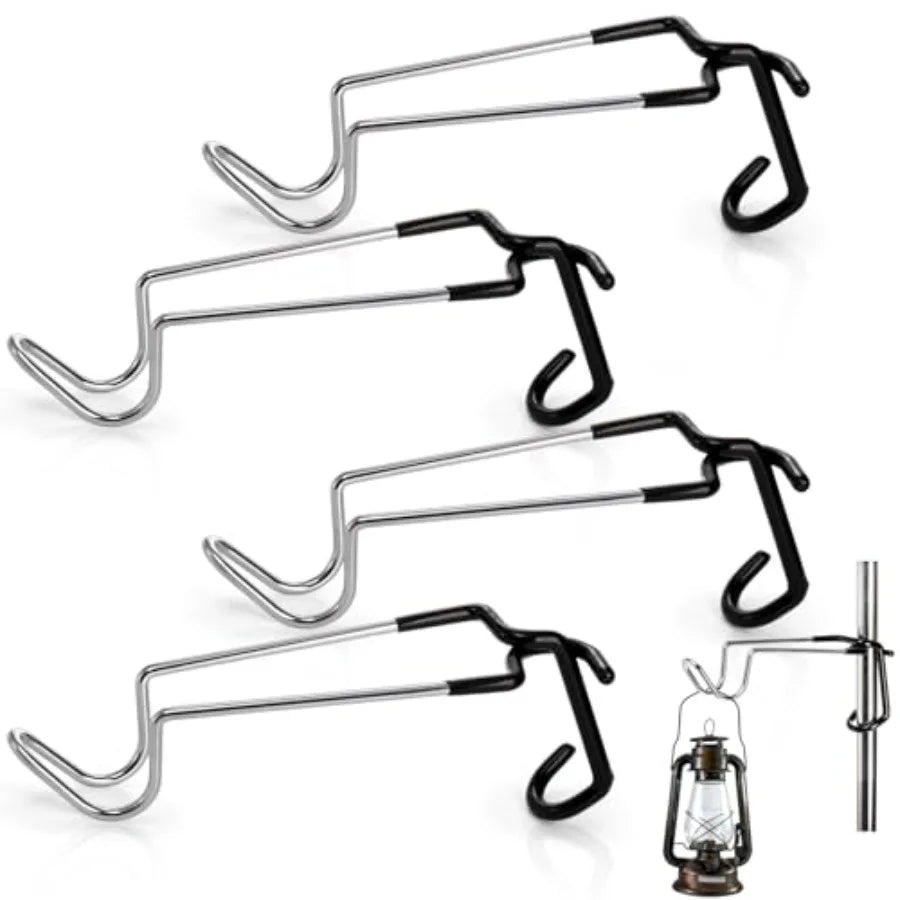 4 Pack Camping Lantern Hook Hangers, 10" Outdoor Lamp Hanger Stand, Stainless Steel Non-Slip Tent Light Pole Hook