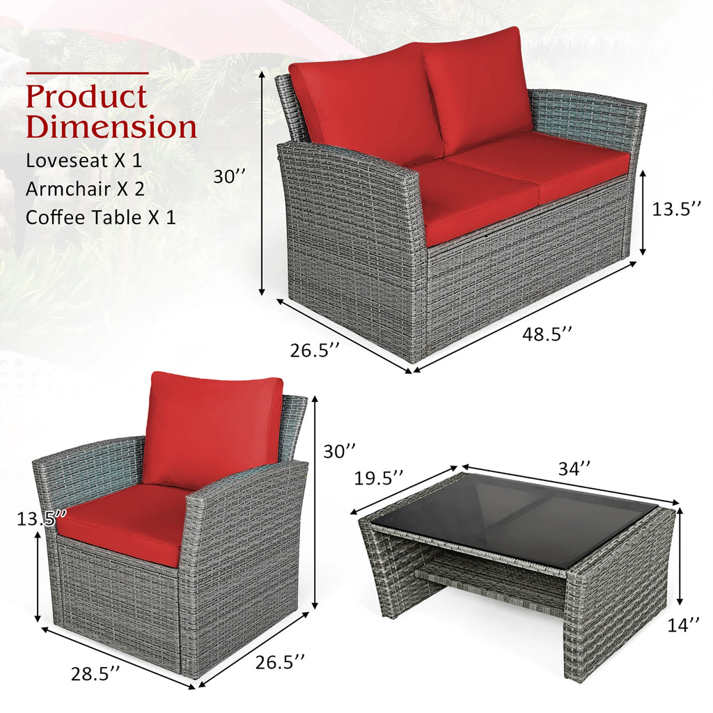 4PCS Patio Rattan Furniture Set Sofa Table Red Cushion
