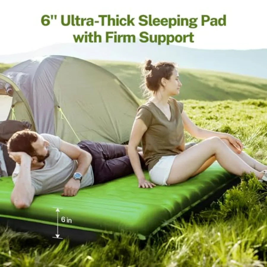 Double Sleeping Pad for Camping, 6" Extra-Thick Reinforced Camping Pad with Pillows and Built-in Pump
