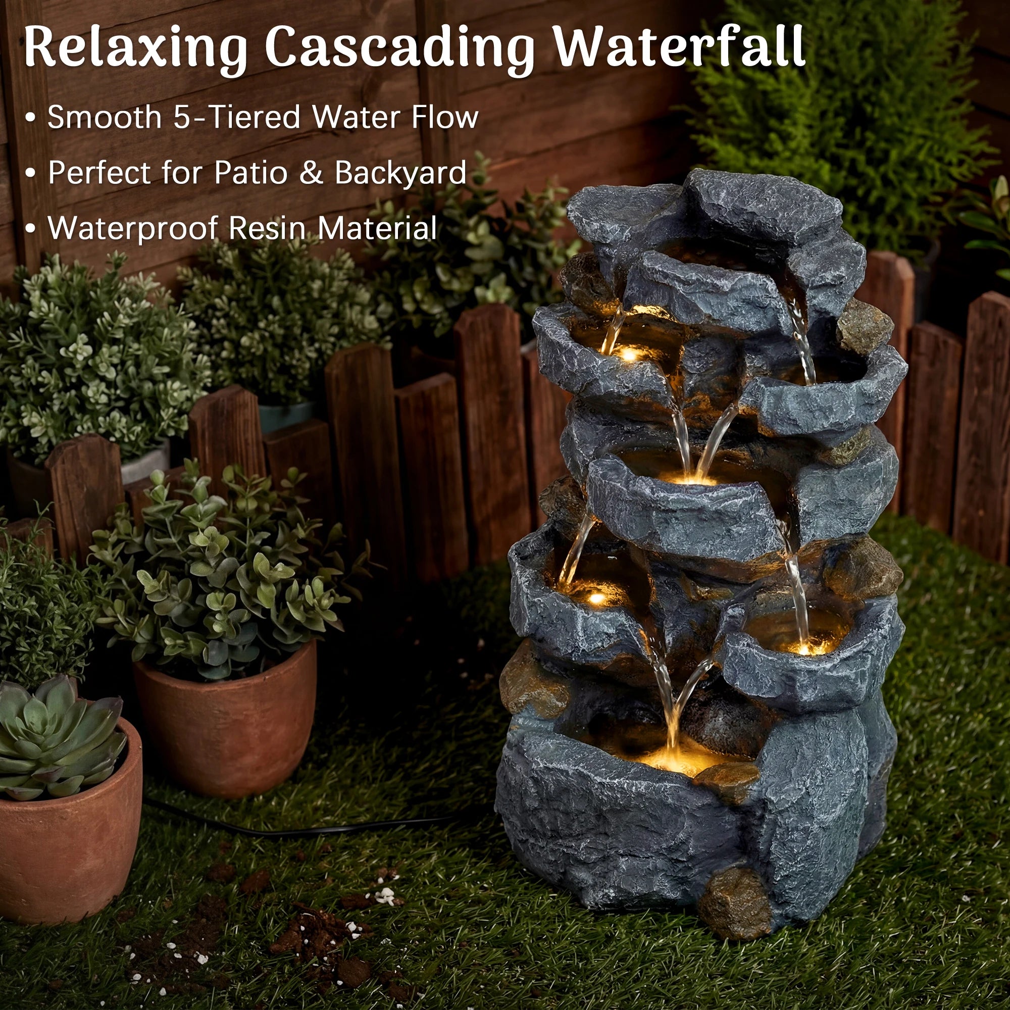 5-Tier Cascading Rock Water Fountain with LED Lights & Adjustable Water Flow, Waterfall Feature for Patio, Backyard