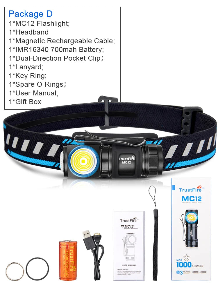 MC12 EDC Powerful LED Headlamp 1000Lumens Magnetic Rechargeable Head Lamp XP-L HI Camping Torch